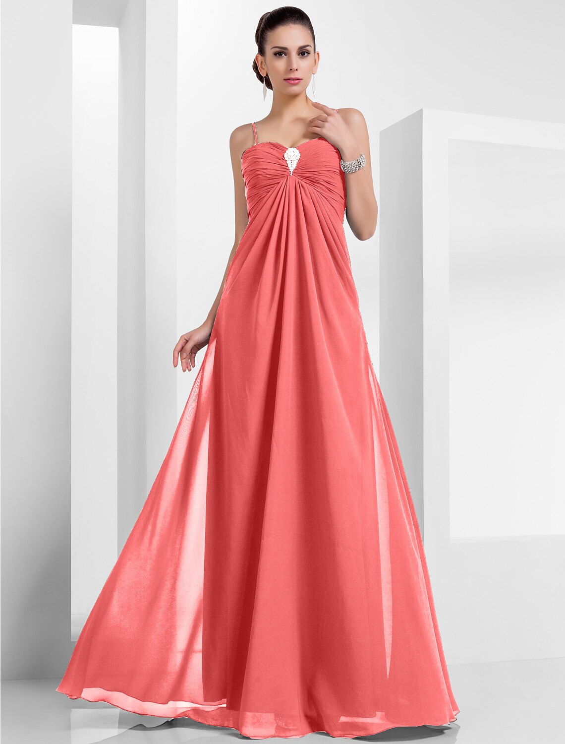 Wholesa A-Line Empire Holiday Formal Evening Dress Spaghetti Strap Sleeveless Floor Length Chiffon with Crystals