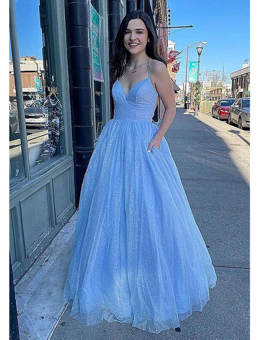 Wholesale Ball Gown A-Line Prom Dresses Sparkle & Shine Dress Formal Floor Length Sleeveless V Neck Tulle Backless with Pleats