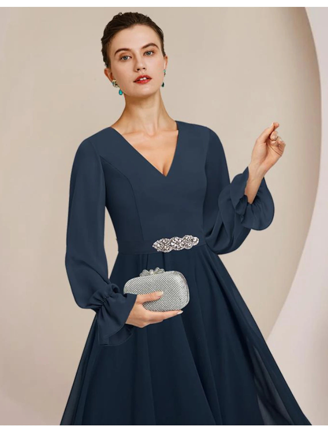 Wholesa  A-Line Mother of the Bride Dress Formal Wedding Guest Elegant High Low Scoop Neck V Neck Asymmetrical Tea Length Chiffon Long Sleeve with Crystal Brooch