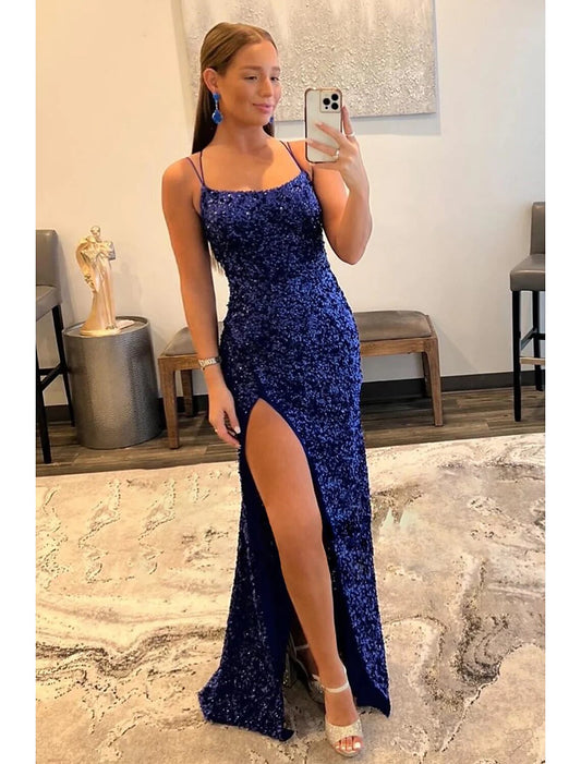 Wholesa Mermaid / Trumpet Prom Dresses Hot Dress Formal Wedding Party Sweep / Brush Train Sleeveless Spaghetti Strap Sequined Backless with Sequin Slit