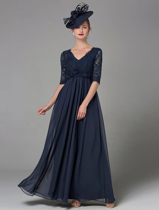 wholesale  A-Line Mother of the Bride Dress Elegant & Luxurious V Neck Floor Length Chiffon Lace Half Sleeve with Lace Bow(s)