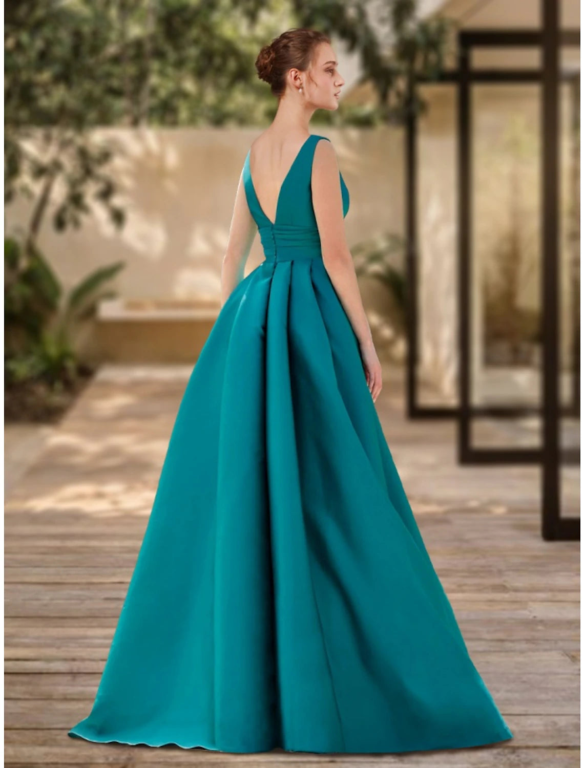 Wholesa  A-Line Evening Gown Elegant Dress Formal Sweep / Brush Train Christmas Red Green Dress Sleeveless V Neck Satin with Pleats Ruched