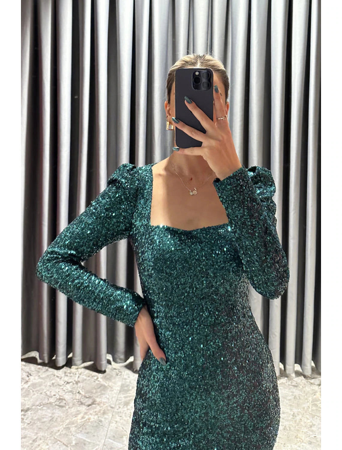 Wholesa Sheath / Column Evening Gown Elegant Black Dress Formal Fall Tea Length Long Sleeve Square Neck Sequined with Glitter Slit