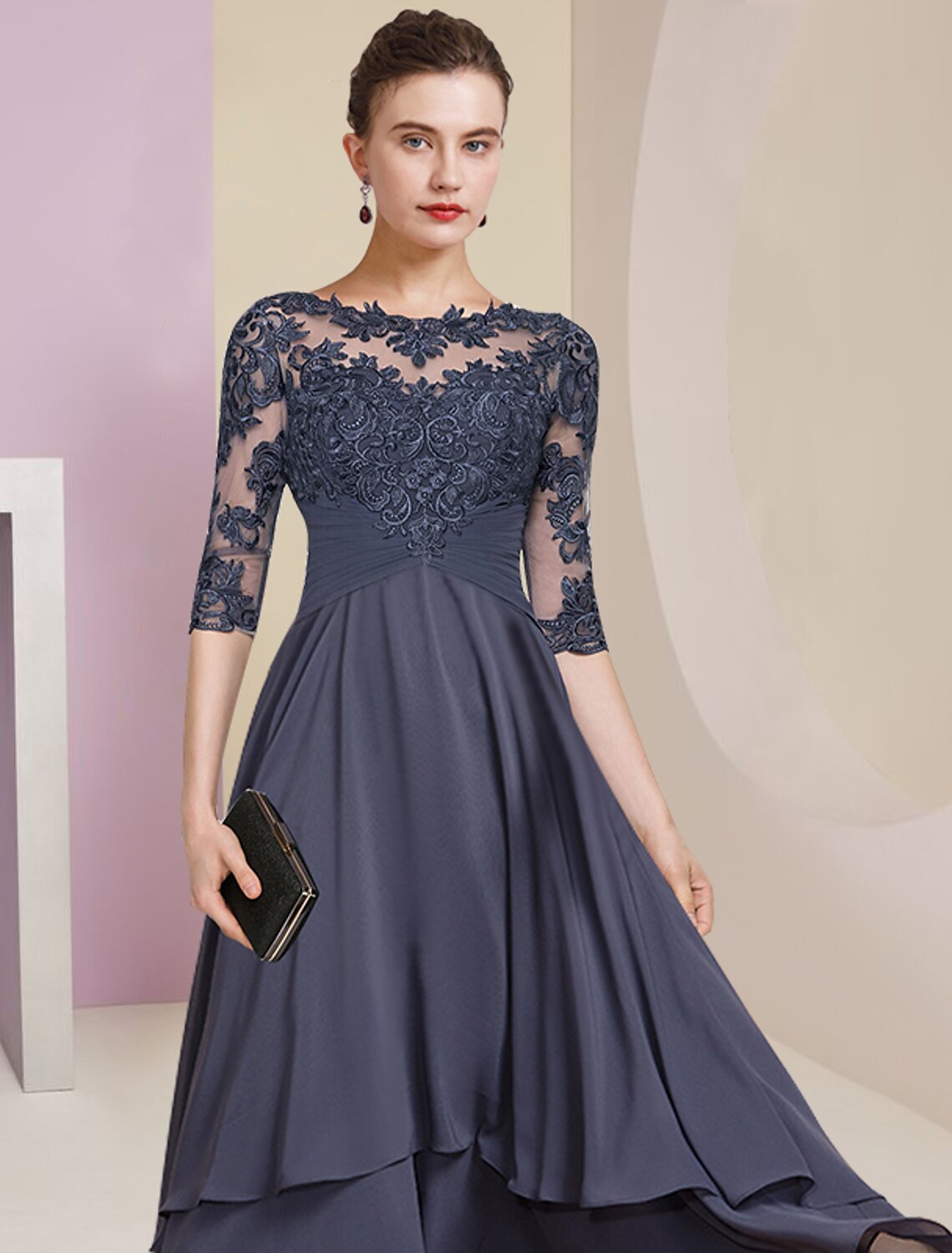 Wholesa Sheath / Column Mother of the Bride Dress Wedding Guest Party Elegant High Low Jewel Neck Asymmetrical Chiffon Lace Half Sleeve with Pleats Solid Color