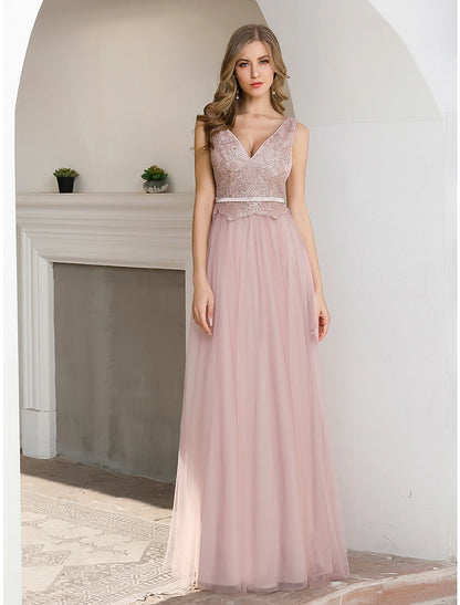 Wholesale A-Line Evening Gown Elegant Dress Wedding Guest Floor Length Sleeveless V Neck Satin V Back with Sash / Ribbon Sequin