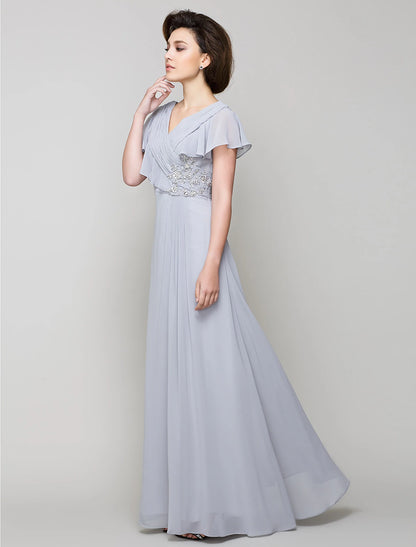 wholesale  A-Line Mother of the Bride Dress Elegant V Neck Floor Length Chiffon Sleeveless No with Criss Cross Crystals