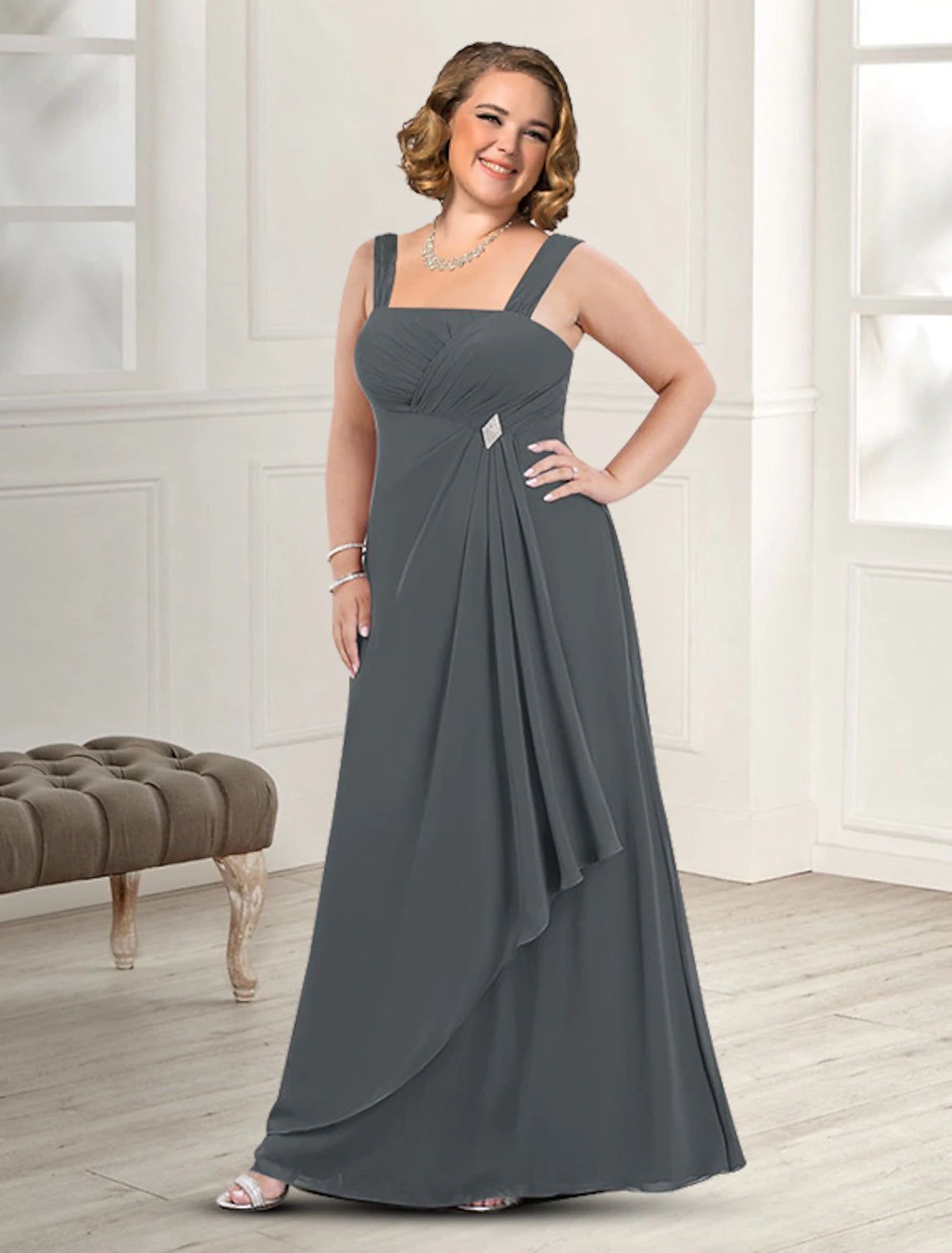 Wholesa  Two Piece A-Line Mother of the Bride Dress Fall Wedding Guest Dresses Plus Size Elegant Square Neck Floor Length Chiffon Sleeveless Jacket Dresses with Pleats