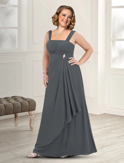 Wholesa  Two Piece A-Line Mother of the Bride Dress Fall Wedding Guest Dresses Plus Size Elegant Square Neck Floor Length Chiffon Sleeveless Jacket Dresses with Pleats