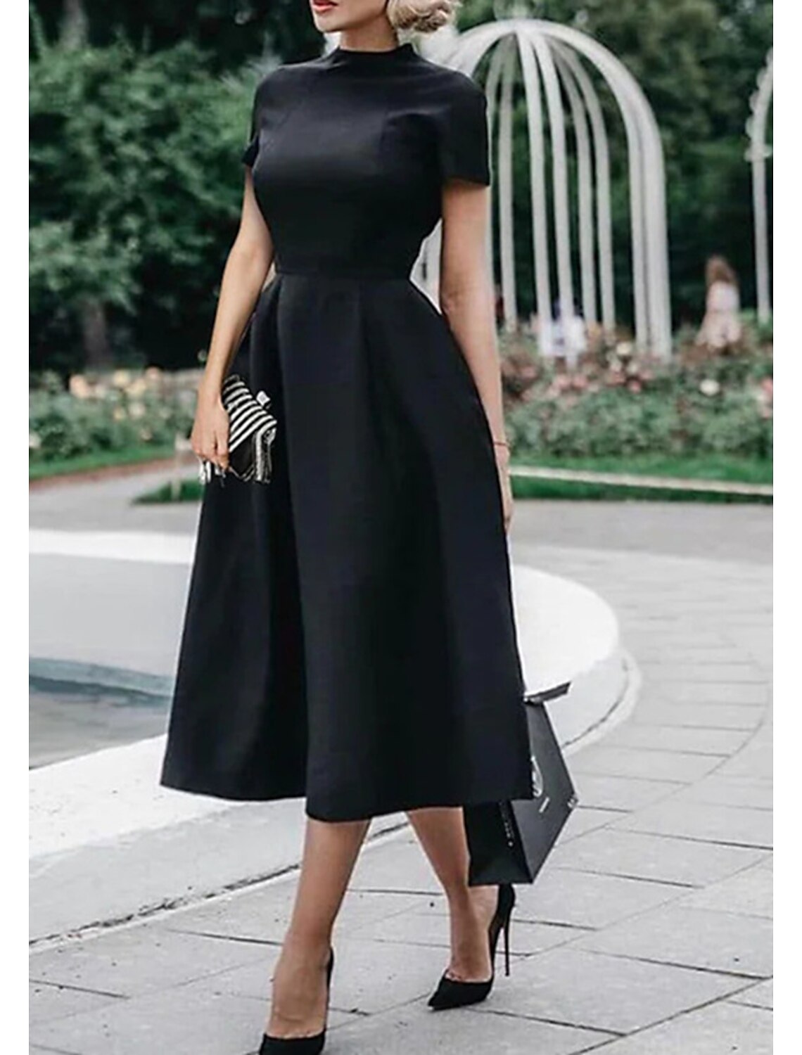 Wholesa A-Line Wedding Guest Dresses Minimalist Dress Party Dress Wedding Party Tea Length Short Sleeve High Neck Stretch Satin with Pleats Pure Color