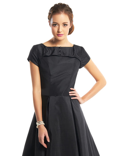 Wholesa A-Line Black Dress Vintage Homecoming Wedding Guest Tea Length Short Sleeve Boat Neck Taffeta with Buttons