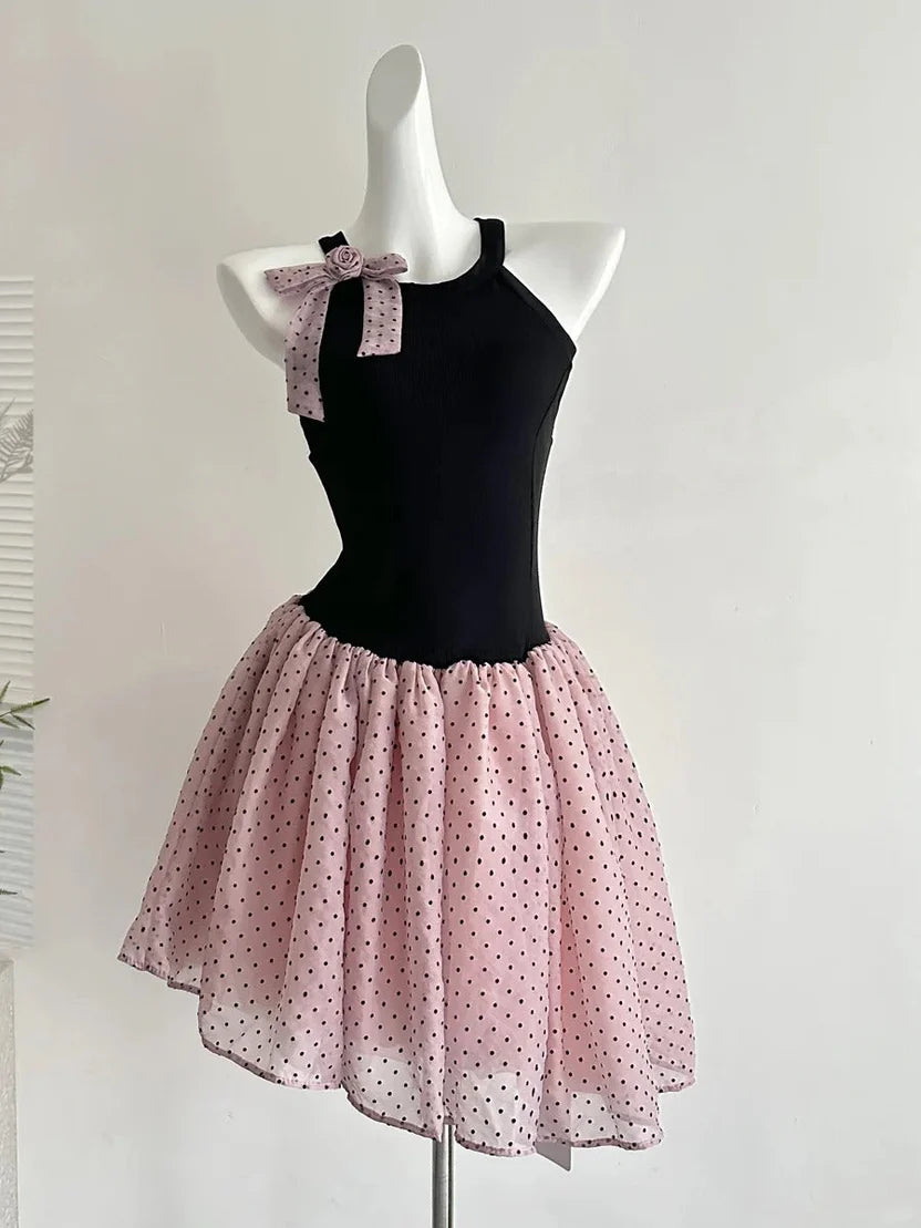 Aimishang Sweet A Line Black And Pink Polka Dot Sleeveless Short Birthday Party Dress Lovely Homecoming Dress