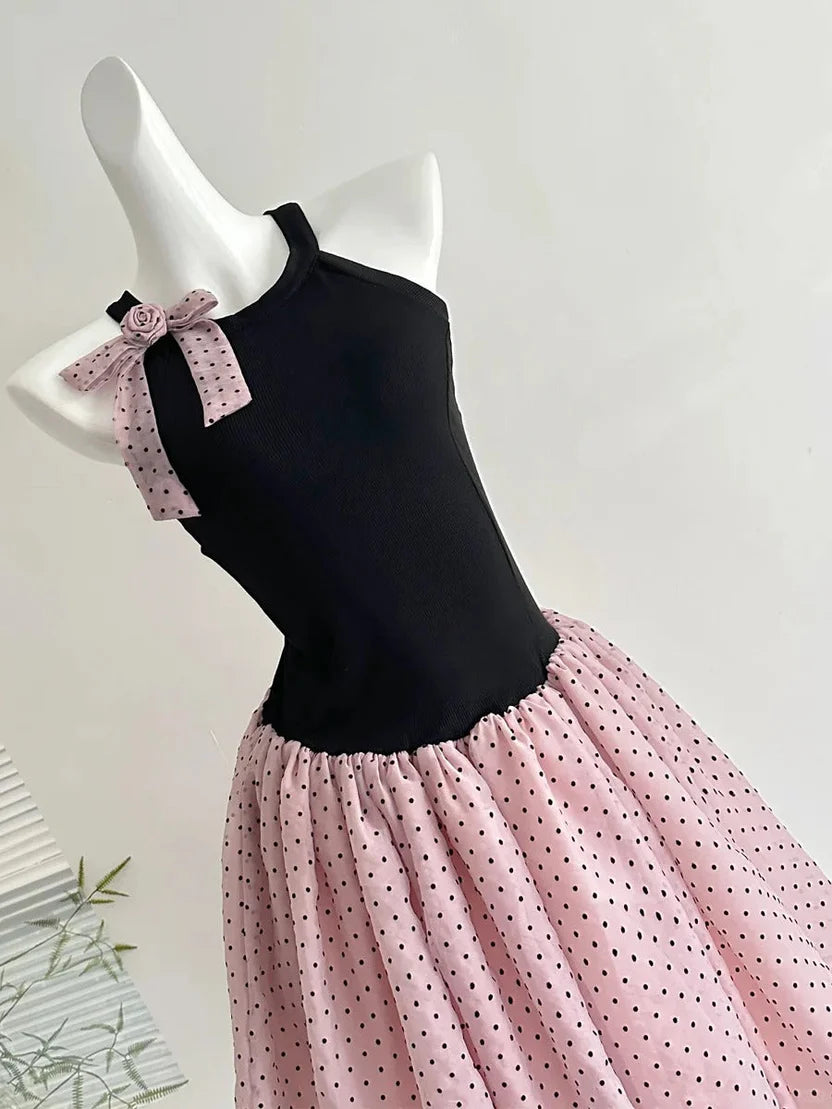 Aimishang Sweet A Line Black And Pink Polka Dot Sleeveless Short Birthday Party Dress Lovely Homecoming Dress