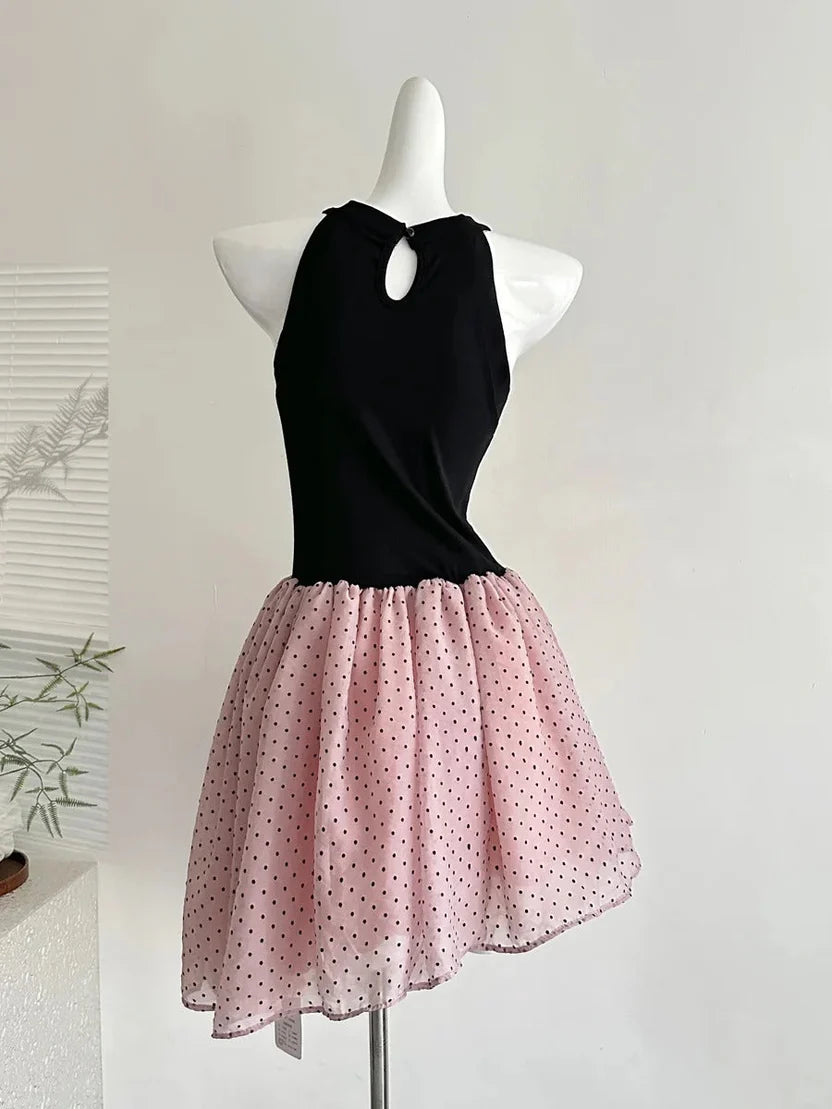 Aimishang Sweet A Line Black And Pink Polka Dot Sleeveless Short Birthday Party Dress Lovely Homecoming Dress