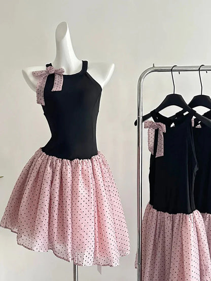 Aimishang Sweet A Line Black And Pink Polka Dot Sleeveless Short Birthday Party Dress Lovely Homecoming Dress