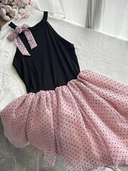 Aimishang Sweet A Line Black And Pink Polka Dot Sleeveless Short Birthday Party Dress Lovely Homecoming Dress