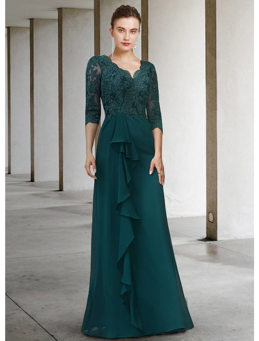 Wholesa  A-Line Mother of the Bride Dress Elegant V Neck Floor Length Chiffon Lace Half Sleeve with Draping Appliques