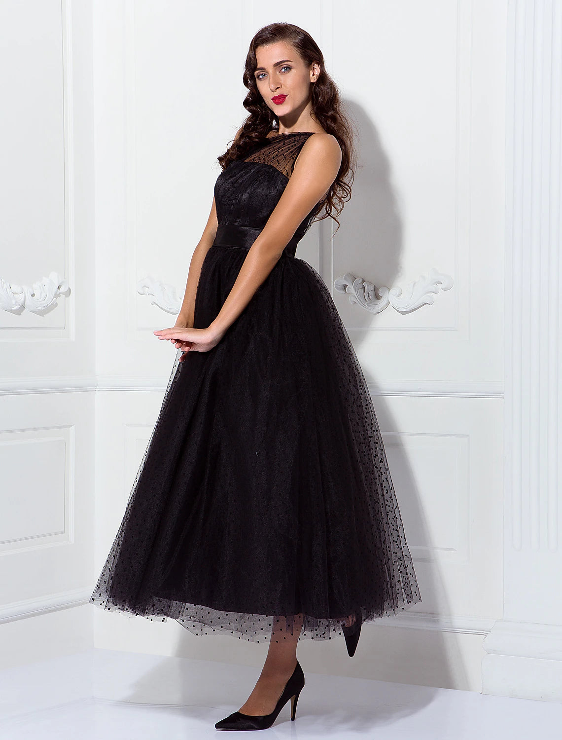 Wholesale  A-Line Cocktail Dresses 1950s Dress Wedding Guest Ankle Length Sleeveless One Shoulder Wednesday Addams Family Tulle with Pleats Pattern / Print