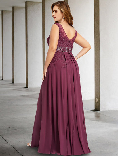 Wholesale A-Line Plus Size Curve Mother of the Bride Dresses Elegant Dress Formal Floor Length Sleeveless V Neck Chiffon with Pearls Beading Slit