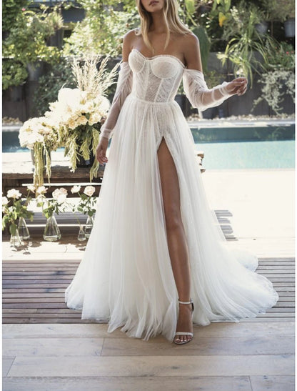 Wholesa Beach Sexy Wedding Dresses A-Line Sweetheart Strapless Court Train Lace Bridal Gowns With Pleats Split Front