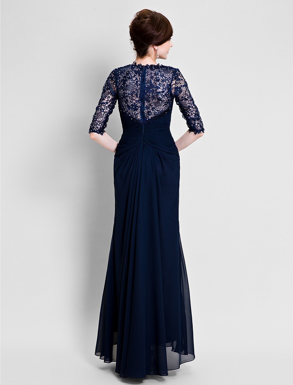 wholesale A-Line Mother of the Bride Dress See Through V Neck Floor Length Chiffon Lace Half Sleeve No with Lace Beading