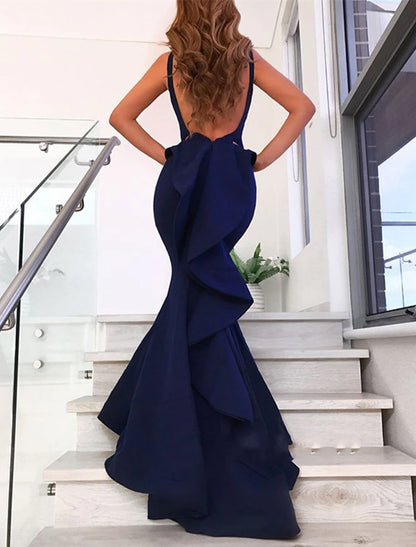 Wholesa Mermaid / Trumpet Evening Gown Open Back Dress Formal Wedding Guest Court Train Sleeveless V Neck Stretch Fabric with Bow(s) Ruffles