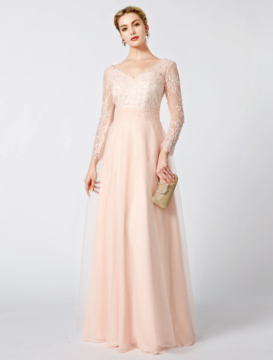 Wholesa  Ball Gown Pastel Colors Dress Holiday Cocktail Party Floor Length Long Sleeve V Neck Tulle Low Back with Beading Appliques