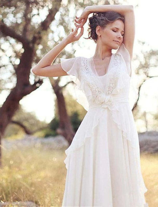 Wholesale Beach Boho Wedding Dresses A-Line V Neck Short Sleeve Floor Length Chiffon Bridal Gowns With Beading Appliques 2023 Summer Wedding Party