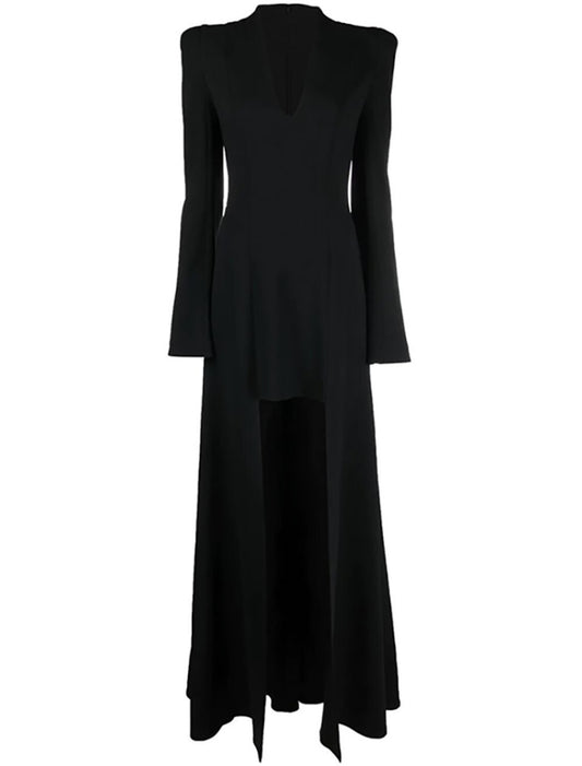 Wholesa  A-Line Evening Gown Elegant Dress Formal Asymmetrical Black Dress Long Sleeve V Neck Stretch Fabric with Pleats