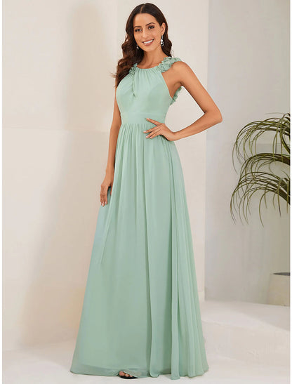 Wholesale A-Line Wedding Guest Dresses Elegant Dress Formal Floor Length Sleeveless Jewel Neck Chiffon with Pleats Shouder Flower