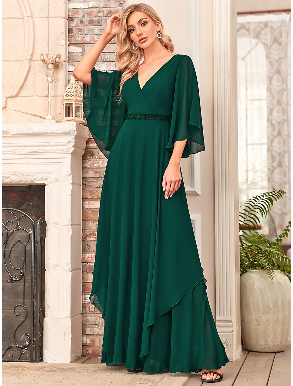 wholesale  A-Line Mother of the Bride Dress Elegant V Neck Floor Length Chiffon Half Sleeve with Sash / Ribbon