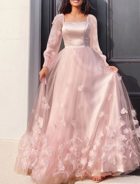 Wholesa A-Line Prom Dresses Maxi Dress Wedding Guest Sweet 16 Floor Length Long Sleeve Scoop Neck Tulle with Appliques Butterfly