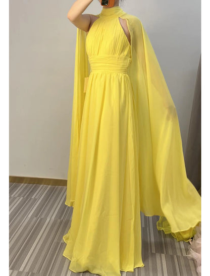 Wholesa A-Line Evening Gown Elegant Dress Formal Wedding Guest Floor Length Sleeveless High Neck Capes Chiffon with Ruched