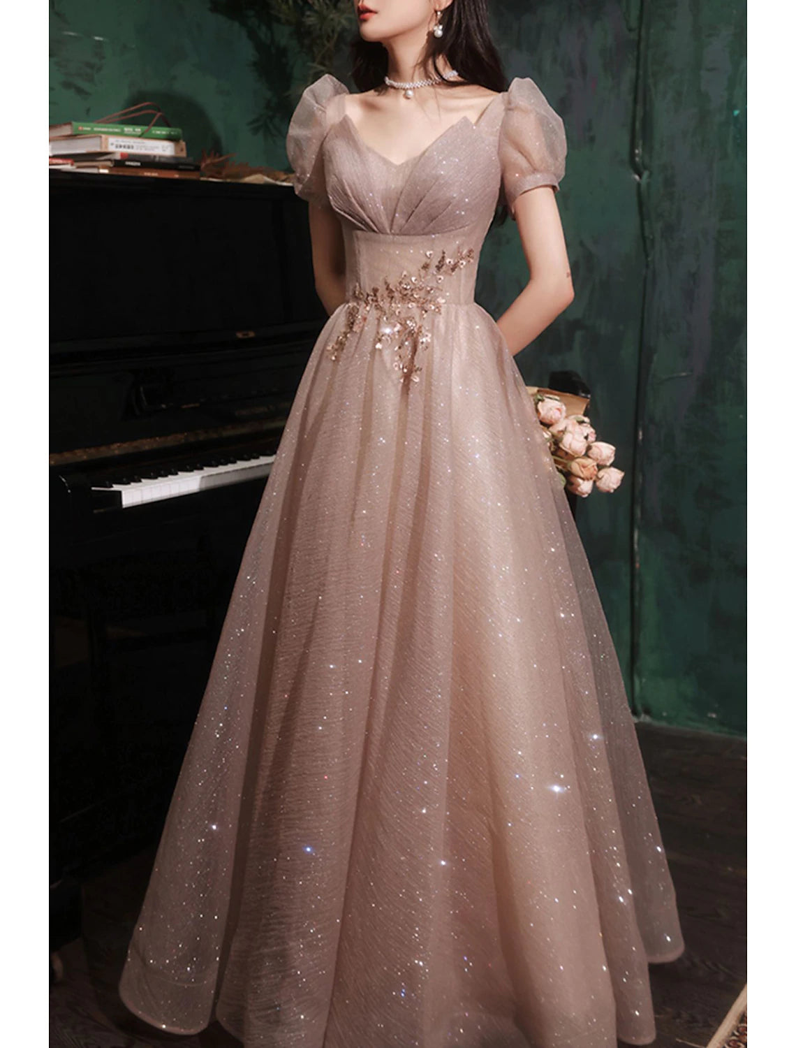 Wholesale A-Line Prom Dresses Gowns Evening Dresses Valentine's Day Wedding Guest Floor Length Short Sleeve V Neck Tulle with Sequin