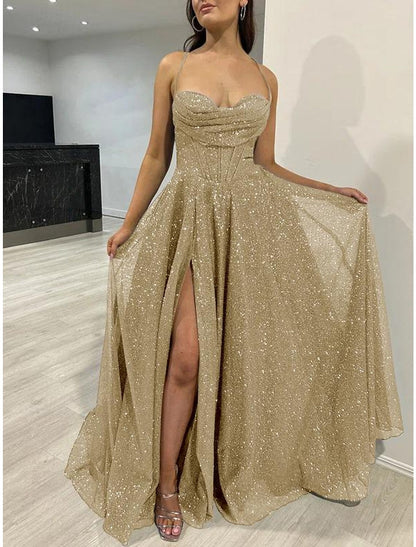 Wholesa A-Line Prom Dresses Corsets Dress Wedding Guest Wedding Party Sweep / Brush Train Sleeveless Spaghetti Strap Fall Wedding Reception Tulle with Glitter Pleats