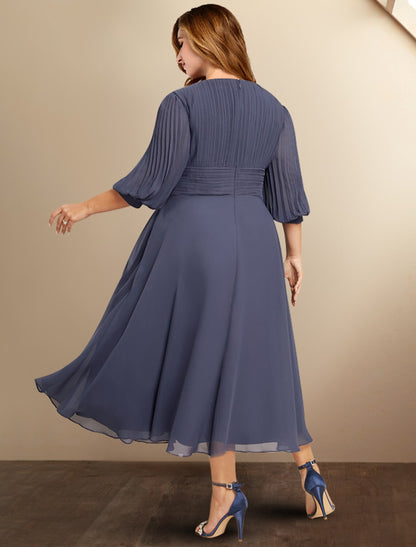 Wholesa  A-Line Mother of the Bride Dresses Plus Size Hide Belly Curve Elegant Dress Formal Tea Length Half Sleeve V Neck Chiffon with Pleats Ruched Fall