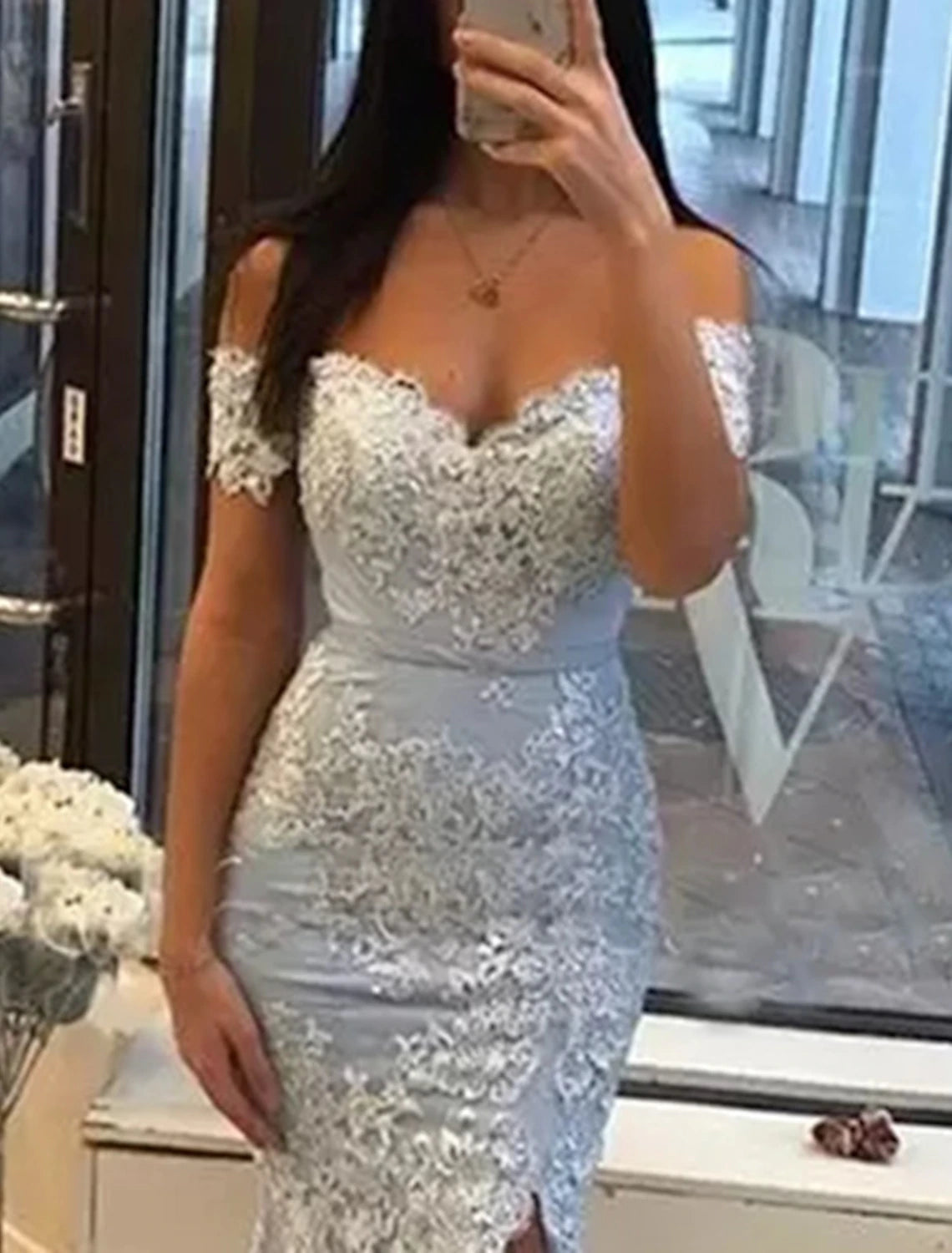 Wholesa Mermaid Party Dress Prom Dresses Luxurious Dress Formal Wedding Guest Sweep / Brush Train Sleeveless Off Shoulder Tulle with Slit Appliques