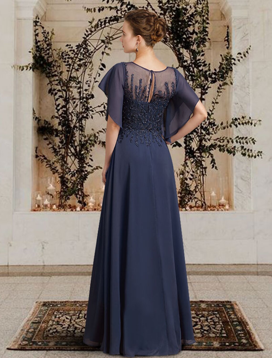 wholesale A-Line Mother of the Bride Dress Elegant Jewel Neck Floor Length Chiffon Lace Short Sleeve with Beading Appliques