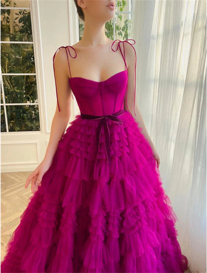 Wholesa Ball Gown Evening Gown Puffy Dress Wedding Party Birthday Floor Length Sleeveless Spaghetti Strap Tulle with Ruffles Strappy