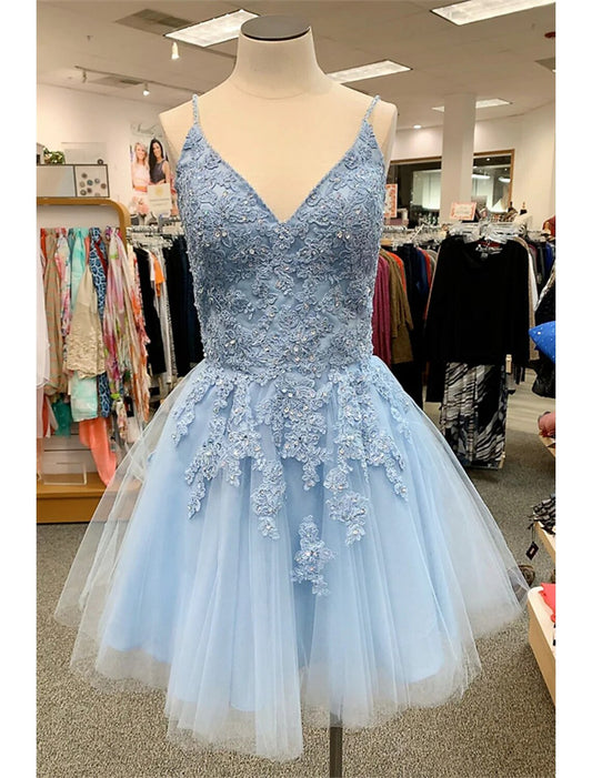 Wholesale A-Line Homecoming Dresses Floral Dress Party Wear Short / Mini Sleeveless Spaghetti Strap Tulle with Appliques