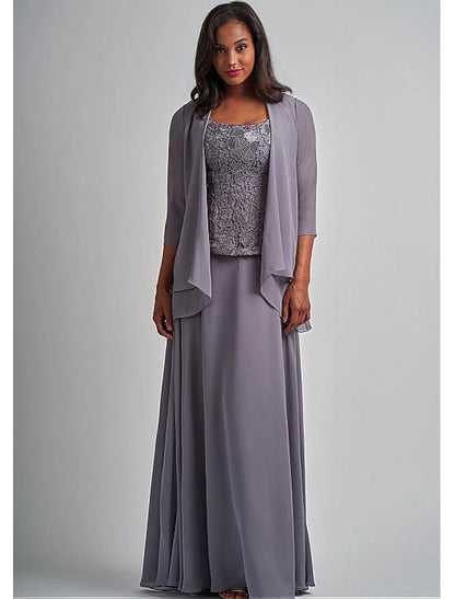 wholesale  Two Piece A-Line Mother of the Bride Dress Elegant Square Neck Floor Length Chiffon Lace 3/4 Length Sleeve Wrap Included with Appliques