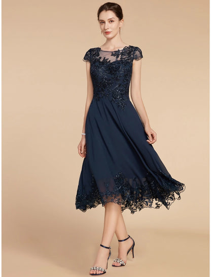 Wholesa  A-Line Mother of the Bride Dress Wedding Guest Elegant Petite Scoop Neck Tea Length Chiffon Lace Cap Sleeve with Sequin Ruching Solid Color