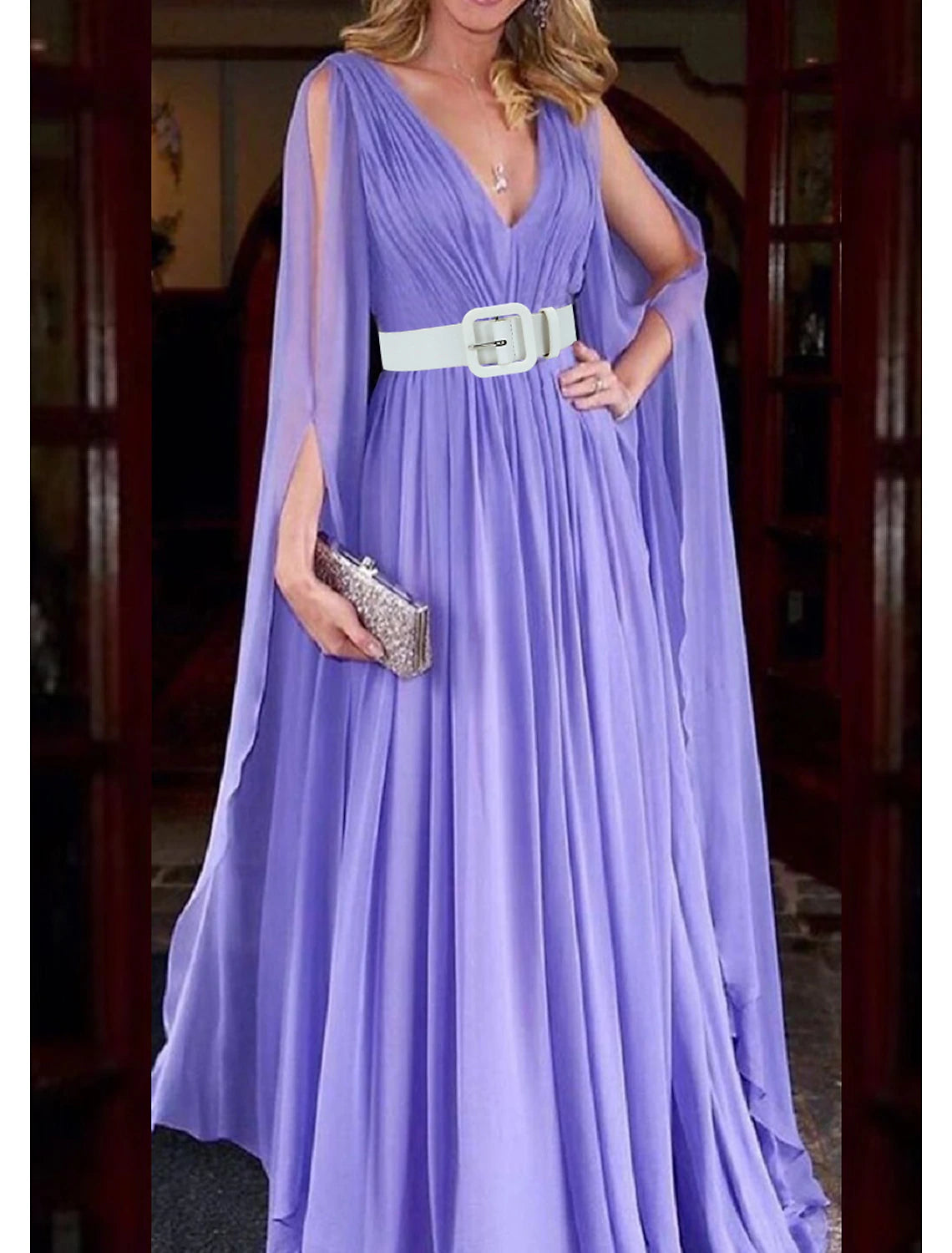 Aimishang A-Line Wedding Guest Dresses Maxi Dress Wedding Party Dress Black Tie Floor Length Long Sleeve V Neck Fall Wedding Guest Chiffon with Belt