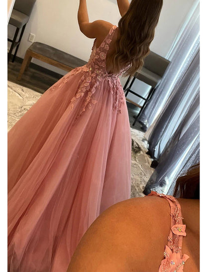 Wholesa A-Line Prom Dresses Open Back Dress Formal Wedding Guest Floor Length Sleeveless V Neck Tulle Backless with Pleats Beading Appliques