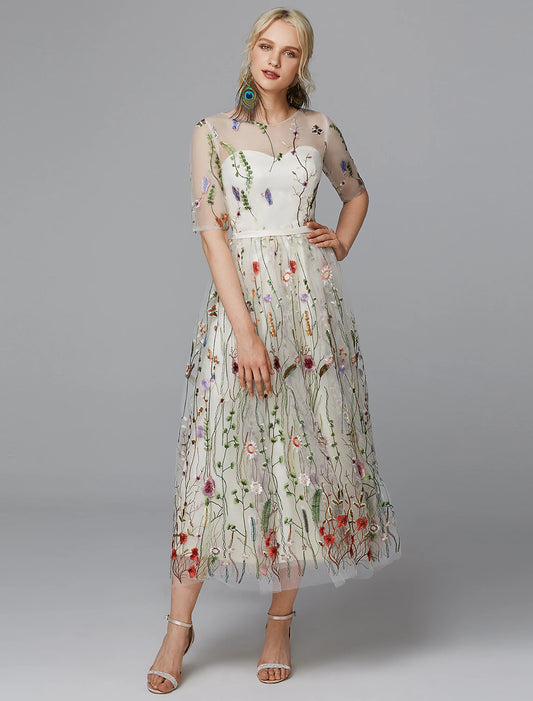 Wholesale A-Line Floral Dress Holiday Tea Length Half Sleeve Illusion Neck Lace with Embroidery Appliques