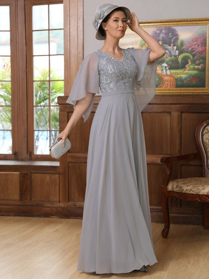 Wholesa A-Line/Princess Chiffon Applique V-neck 1/2 Sleeves Floor-Length Mother of the Bride Dresses