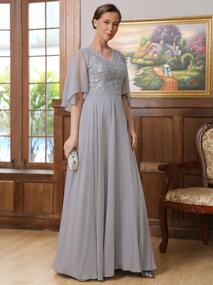 Wholesa A-Line/Princess Chiffon Applique V-neck 1/2 Sleeves Floor-Length Mother of the Bride Dresses