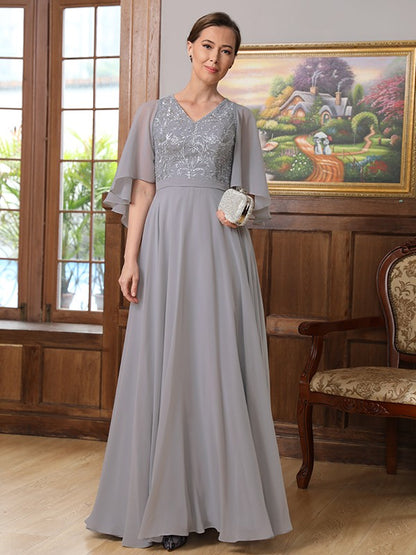 Wholesa A-Line/Princess Chiffon Applique V-neck 1/2 Sleeves Floor-Length Mother of the Bride Dresses