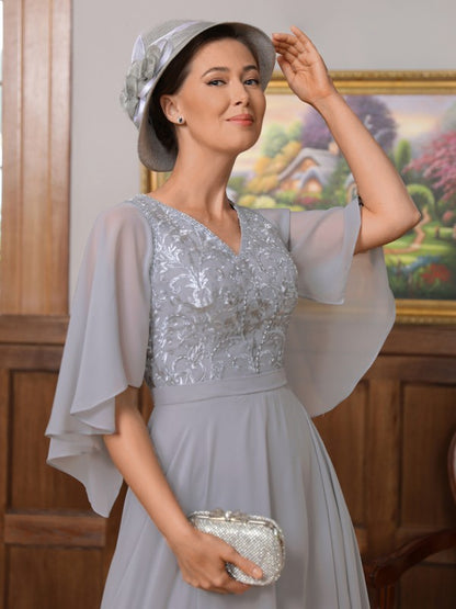 Wholesa A-Line/Princess Chiffon Applique V-neck 1/2 Sleeves Floor-Length Mother of the Bride Dresses