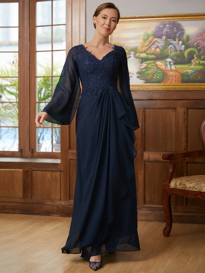 Wholesa A-Line/Princess Chiffon Applique V-neck Long Sleeves Floor-Length Mother of the Bride Dresses