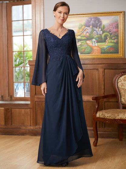 Wholesa A-Line/Princess Chiffon Applique V-neck Long Sleeves Floor-Length Mother of the Bride Dresses